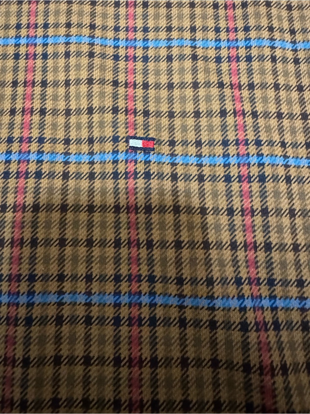 Tommy Hilfiger Tan Plaid Hoodie with Blue-Red Branded Sleeve Tape - Picture 3 of 8